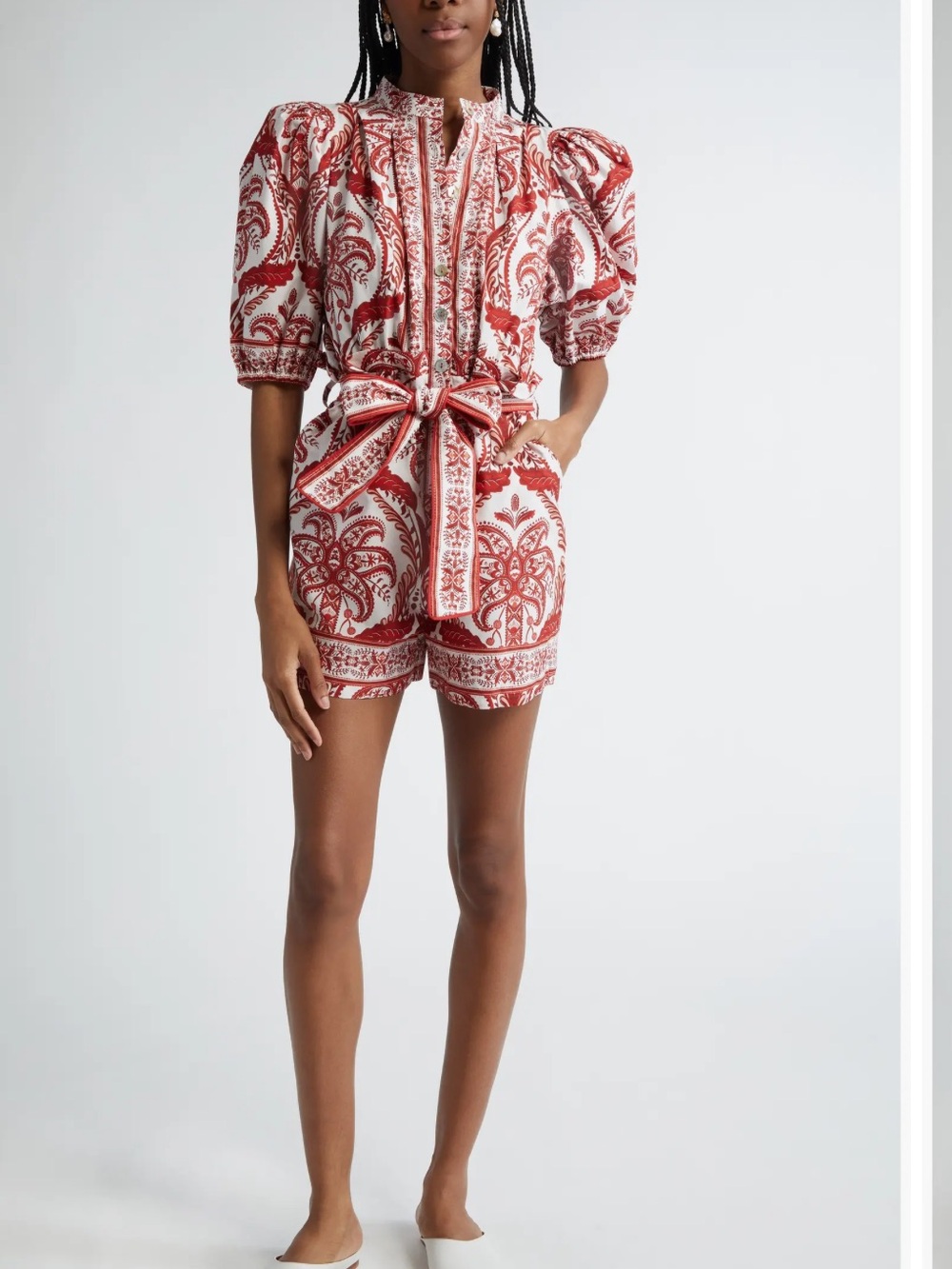 FARM Rio Tropical Paisley Cotton Mini Romper with Self-Tie Waist